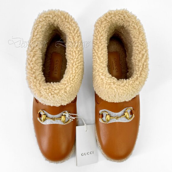 NEW GUCCI Horsebit Cognac Leather Shearling Ankle Booties EU 38 / US 8 - Picture 3 of 15